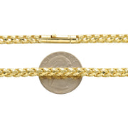 A close-up comparison of the 10K yellow gold diamond-cut Franco chain and its clasp next to a US Quarter coin to demonstrate its 4.5mm width.