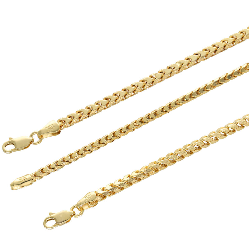 Comparison of 10K yellow gold hollow Franco chains in multiple millimeter widths with secure lobster clasps