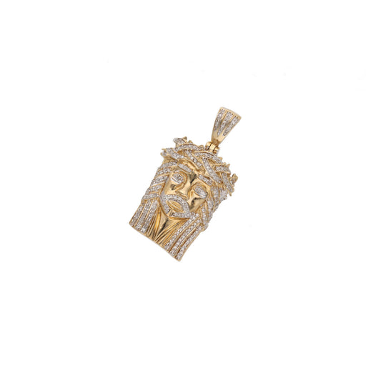 Front angle view of genuine 10K yellow gold Jesus face pendant accented with 0.40 ctw natural diamonds