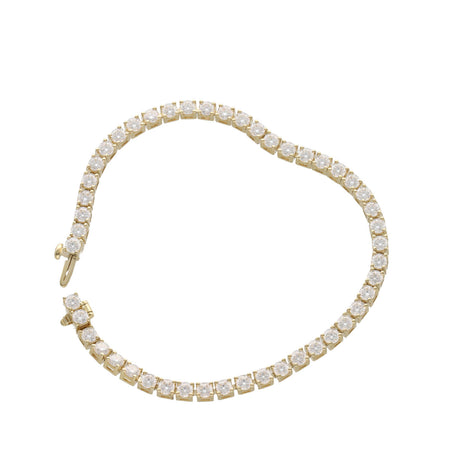 Close-up of a 10k yellow gold tennis bracelet with 48 round brilliant VVS moissanite stones, 3mm width, on a white background.
