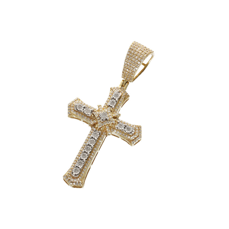 Detailed front angle view of genuine 10K yellow gold flared cross pendant iced with 0.45 CTW natural diamonds
