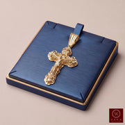 10K solid yellow gold nugget crucifix large pendant displayed on navy blue jewelry case | Veka Jewelry