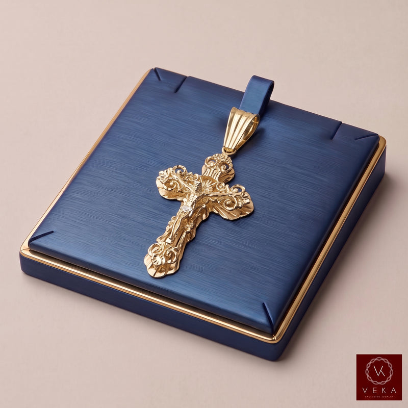 10K solid yellow gold nugget crucifix large pendant displayed on navy blue jewelry case | Veka Jewelry