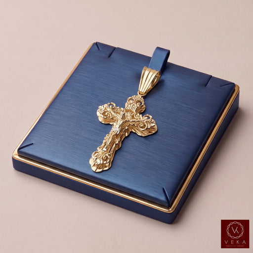 10K solid yellow gold nugget crucifix large pendant displayed on navy blue jewelry case | Veka Jewelry
