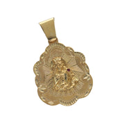 Front view of authentic 10 karat yellow gold Santa Barbara scalloped medal pendant with cubic zirconia