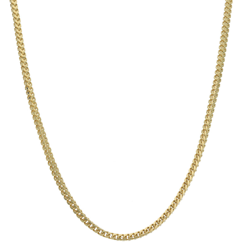 Full drape view of solid 10K yellow gold Franco chain link necklace showing fluid drape and shine
