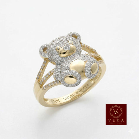 Front view of a 10k yellow gold teddy bear ring with 0.45 CTW natural diamonds by Veka Jewelry.