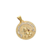 Front close-up of 10K yellow and white gold Santa Barbara round medal pendant featuring detailed diamond-cut accents and cubic zirconia stone