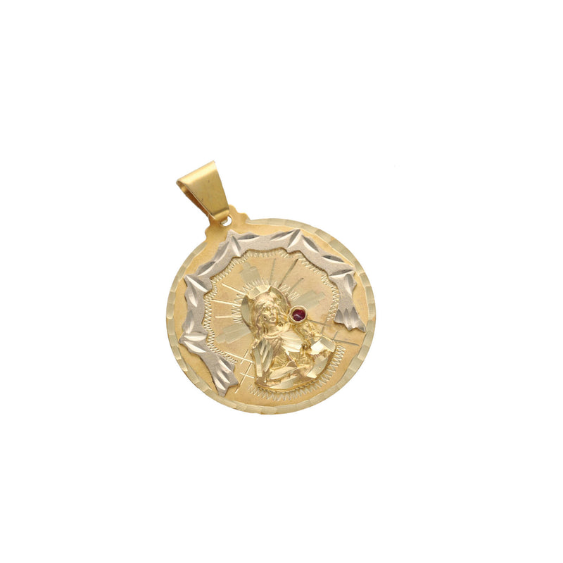 Front close-up of 10K yellow and white gold Santa Barbara round medal pendant featuring detailed diamond-cut accents and cubic zirconia stone
