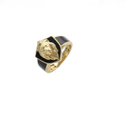 Real 10k Gold and black ring with a lion head design on a white background