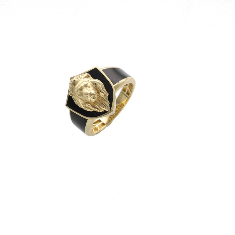 Real 10k Gold and black ring with a lion head design on a white background