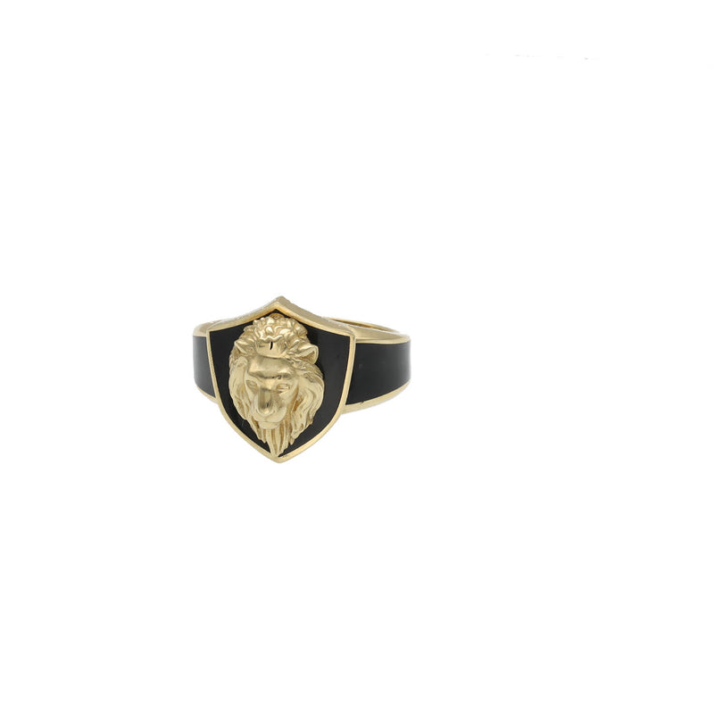 Real  10k Gold and black enamel ring on a white background.