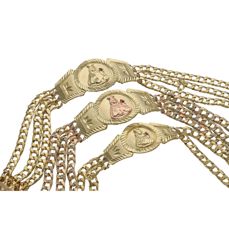 3 3 row 10k Real Gold Valentino bracelets in three different sizes. Two in plain yellow gold and in three tone gold. The links are cuban.