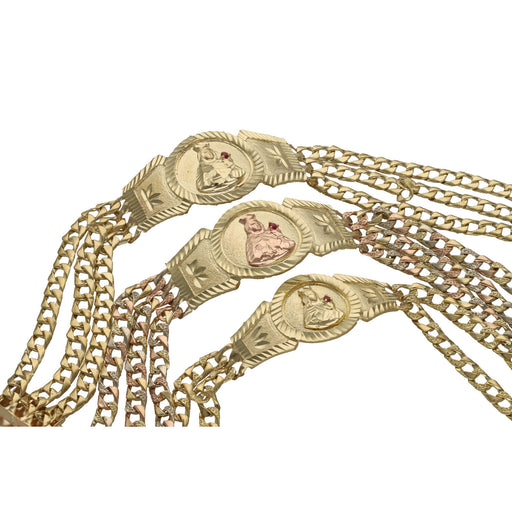 3 3 row 10k Real Gold Valentino bracelets in three different sizes. Two in plain yellow gold and in three tone gold. The links are cuban.