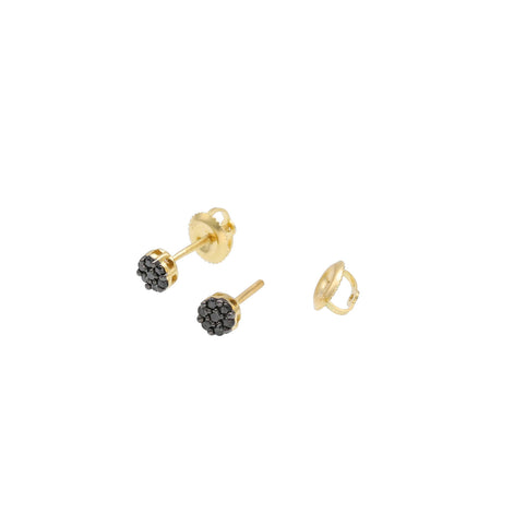 A pair of 10 karat gold screw back stud earrings with black diamond flower accents.