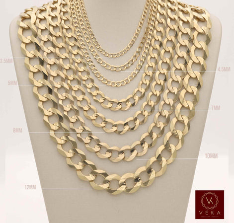 Five layered 10K Real Solid Gold Italian Cuban Curb Flat Link necklaces displayed on a mannequin bust, with size labels in millimeters indicating each chain thickness. A Veka logo is visible in the bottom right corner.