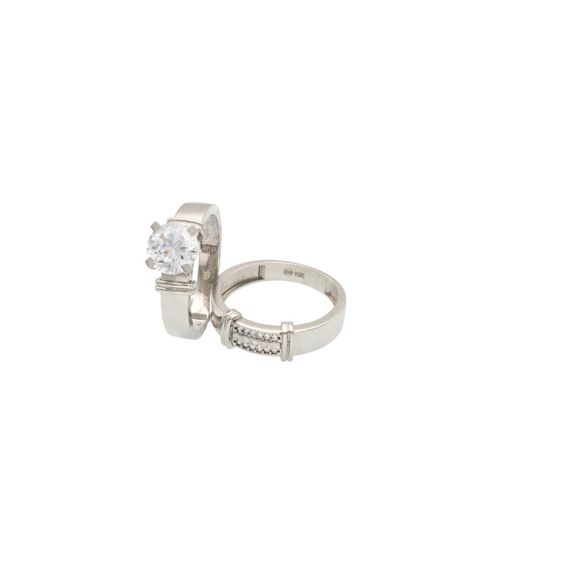 White Gold Wedding Duo with a Big Center Stone on the engagement ring and regular size stones on the ceremony band,