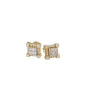 Pair of 10mm perfect square diamond stud earrings in solid 10K yellow gold with baguette and round cut genuine natural diamonds