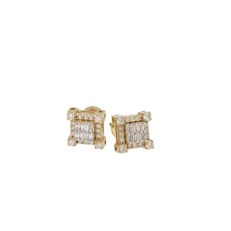 Pair of 10mm perfect square diamond stud earrings in solid 10K yellow gold with baguette and round cut genuine natural diamonds