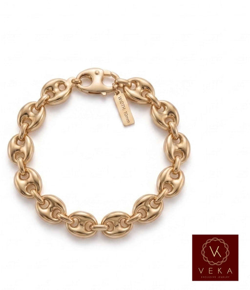 Flat view of a 10mm men's puff mariner link bracelet showing the secure lobster lock in 14K yellow gold