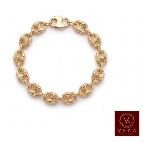Flat view of a 10mm men's puffed nugget texture mariner link bracelet showing the secure lobster lock in 10K yellow polished gold