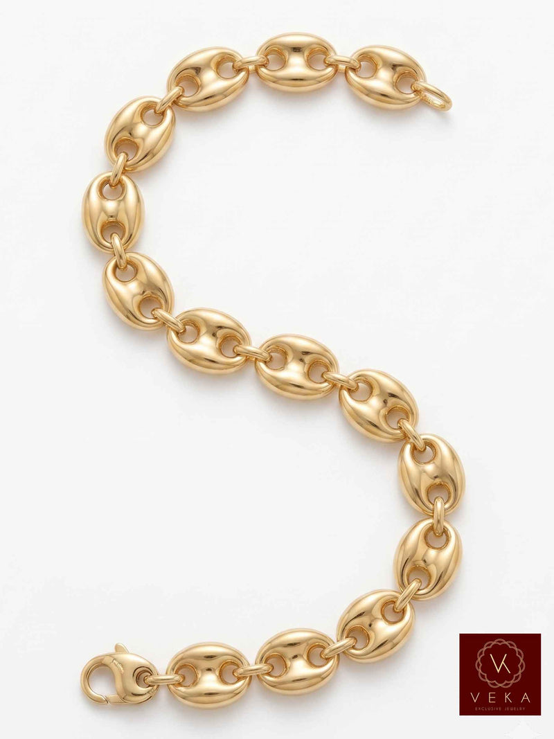 Flat view of a 12mm men's puff mariner link bracelet showing the secure lobster lock in 14K yellow gold