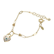 14K yellow gold bracelet with white heart charms for women on white background showing  a combination of style and T-link style.