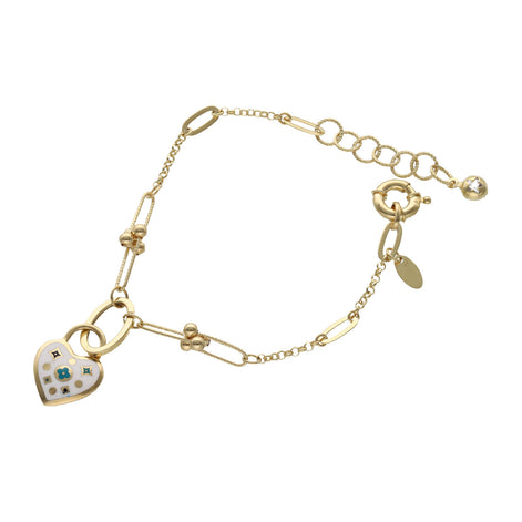 14K yellow gold bracelet with white heart charms for women on white background showing  a combination of style and T-link style.