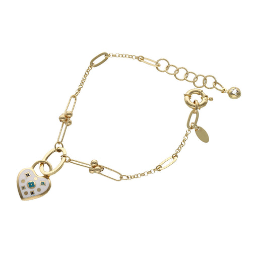 14K yellow gold bracelet with white heart charms for women on white background showing  a combination of style and T-link style.