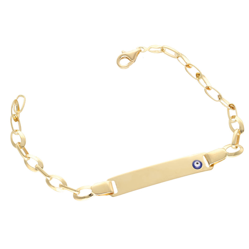 Evil eye protection charm on 14K gold Rolo children's ID bracelet showing spiritual symbolism