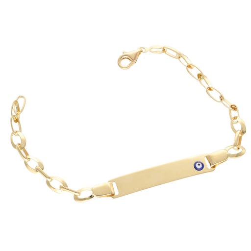 Evil eye protection charm on 14K gold Rolo children's ID bracelet showing spiritual symbolism