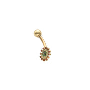 Gold belly button ring with multicolor gemstone design on a white background