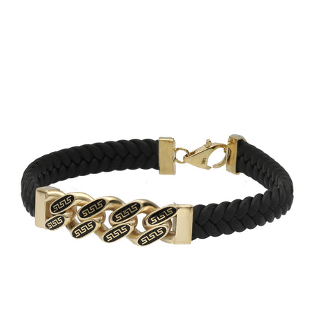 A black leather bracelet with gold-colored accents and textured links, featuring a lobster lock clasp.