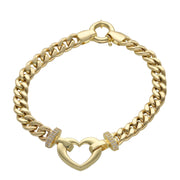 A 14 karat gold bracelet with a heart-shaped charm, featuring a round lock clasp.