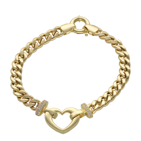 A 14 karat gold bracelet with a heart-shaped charm, featuring a round lock clasp.