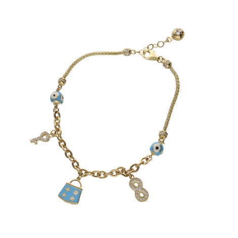 14K yellow gold Rolo chain bracelet with light blue infinity and key charms on white background showing symbolic jewelry