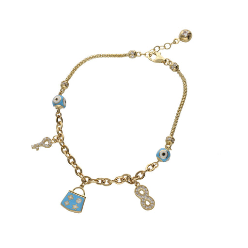 14K yellow gold Rolo chain bracelet with light blue infinity and key charms on white background showing symbolic jewelry