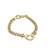 14K gold heart bracelet with CZ stones on Cuban link chain