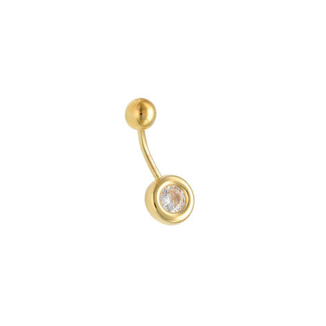Gold belly button ring with a clear gemstone on a white background