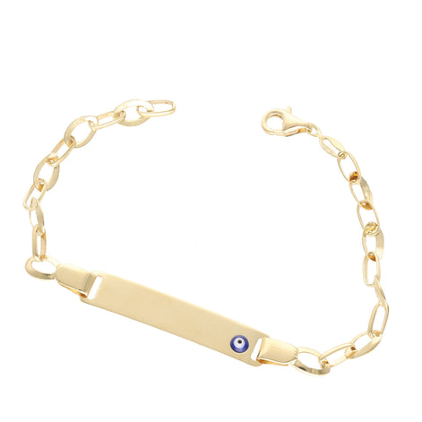 14K gold Rolo ID bracelet with blue evil eye charm for children's protection jewelry on white background