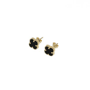 A pair of 14K gold onyx flower stud earrings with black floral design on white background