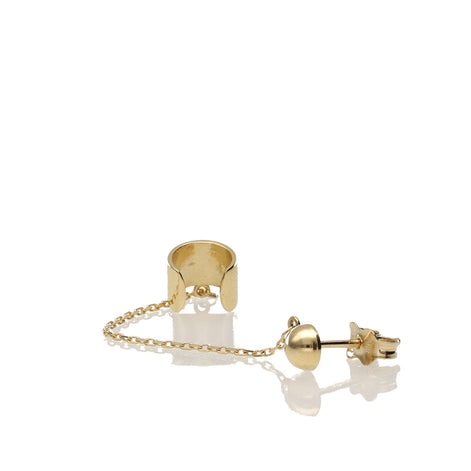 14K yellow gold ear cuff connected to a ball stud earring by a delicate gold chain