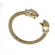 14K yellow gold popcorn chain panther bangle with CZ eyes on white background showing luxury animal bracelet design