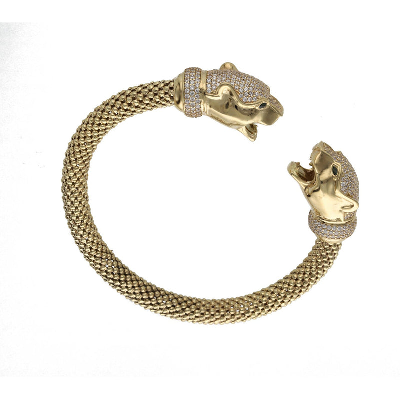 14K yellow gold popcorn chain panther bangle with CZ eyes on white background showing luxury animal bracelet design