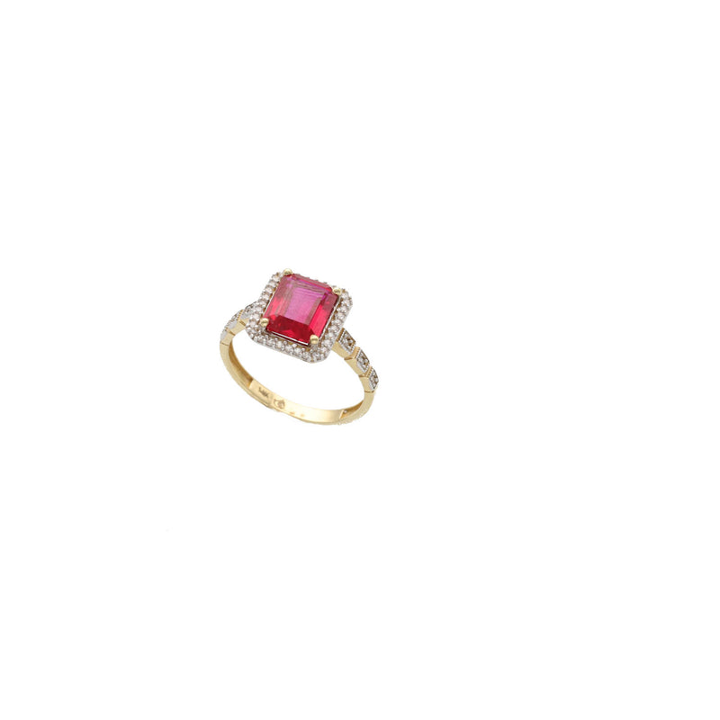 14K yellow gold ruby red zircon ring on a white background.