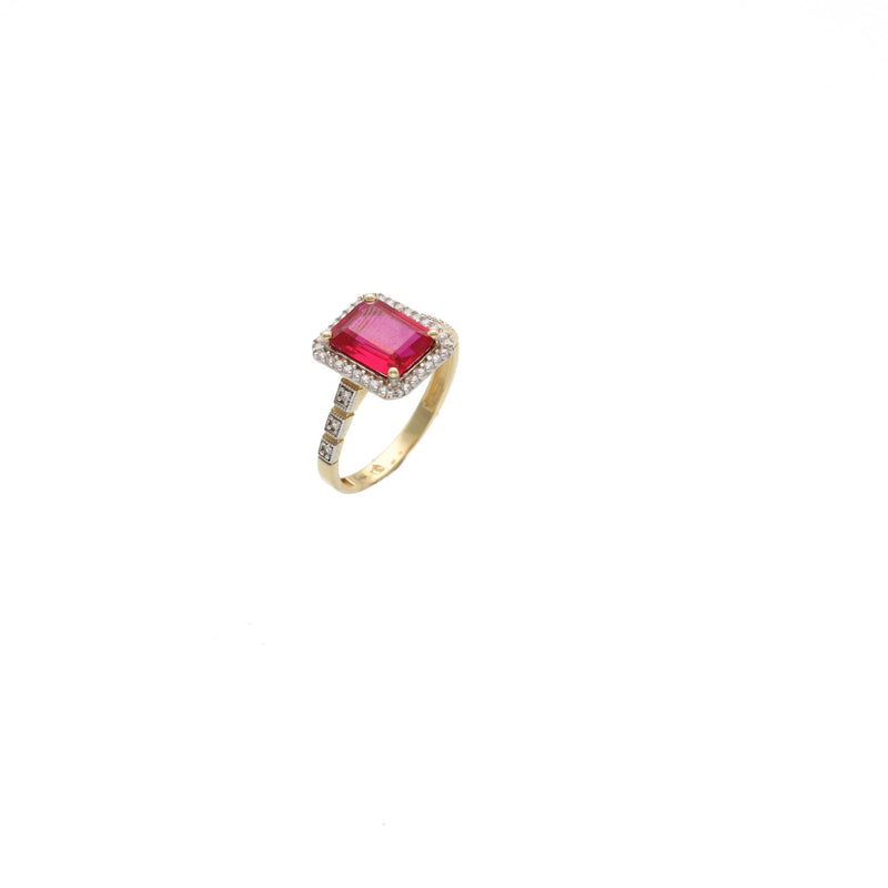 14K yellow gold ruby red zircon ring with clear side stones - three stone square cut birthstone ring by VEKA JEWELRY on white background