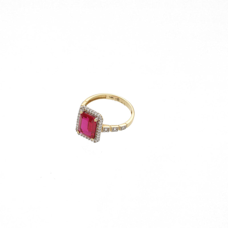 14K yellow gold ruby red zircon ring with clear side stones - three stone square cut birthstone ring by VEKA JEWELRY set on white background