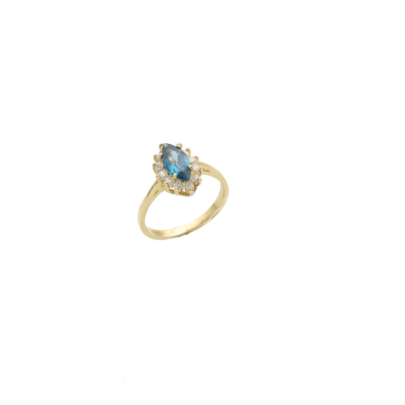 14K yellow gold blue zircon ring with clear accent stones in halo setting - sapphire blue birthstone ring by VEKA JEWELRY