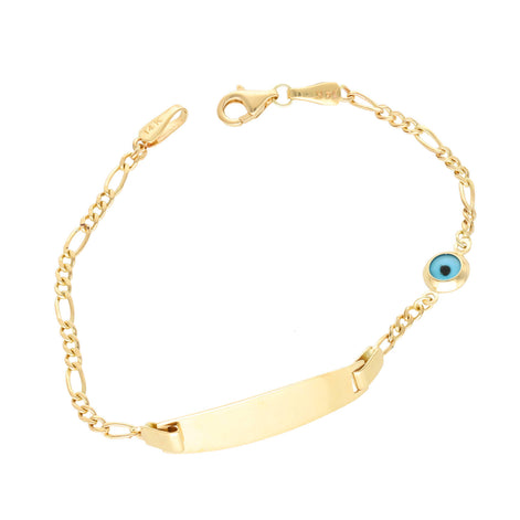 A 14 Karat Gold Figaro ID Bracelet for children with a small blue bead, possibly representing an evil eye, on the chain.