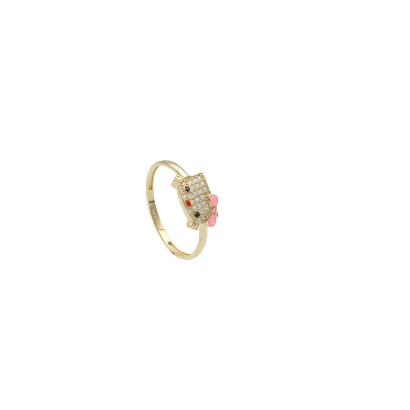 Yellow Gold thin Ring with a face on top of a Kitty. The kitty is filled with clear stones and enamel colors on bow, eyes and nose.  